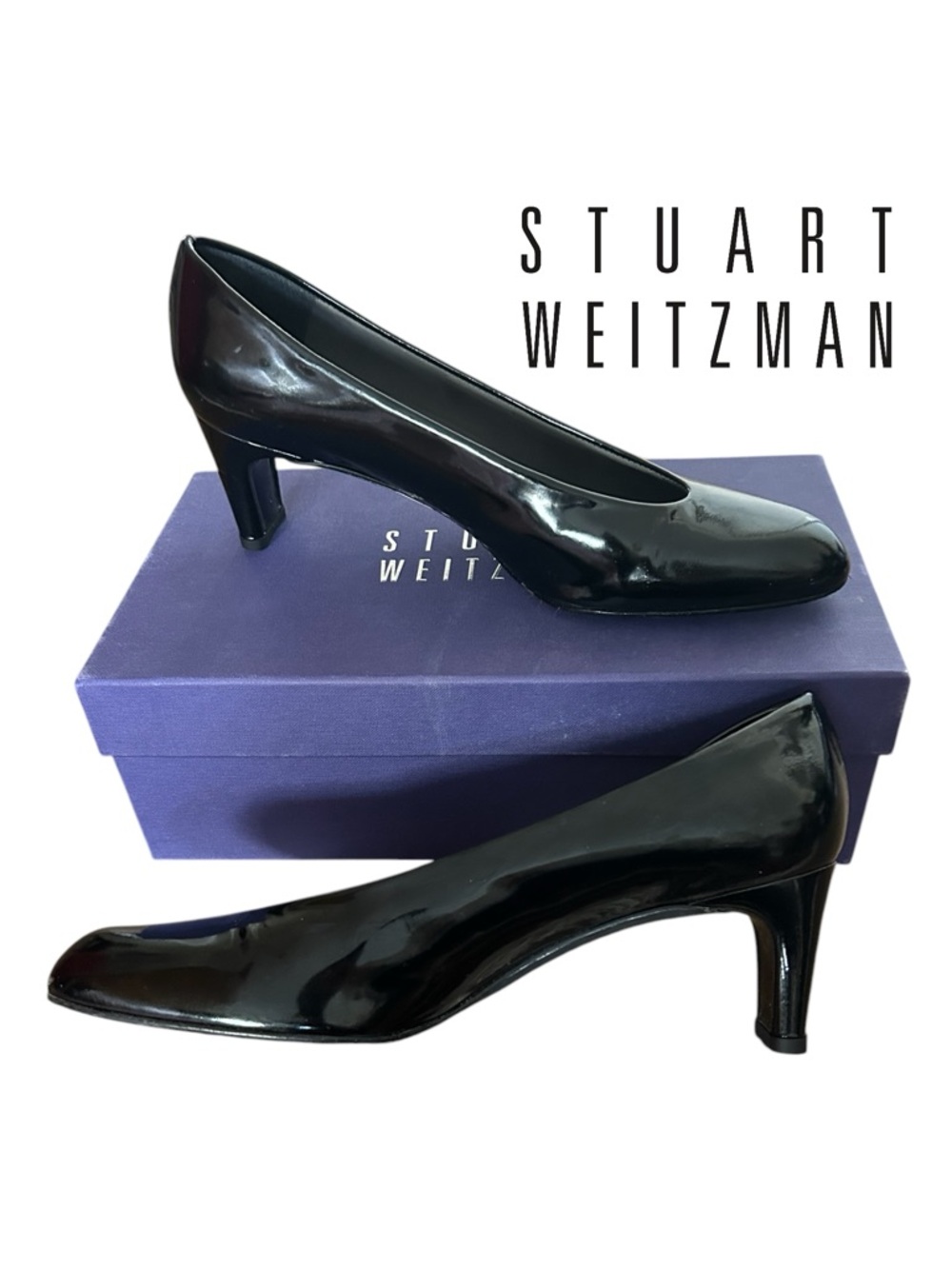 NIB RARE Stuart Weitzman Black Soft Patent Leather Kitten Heel Chic Pumps 8.5